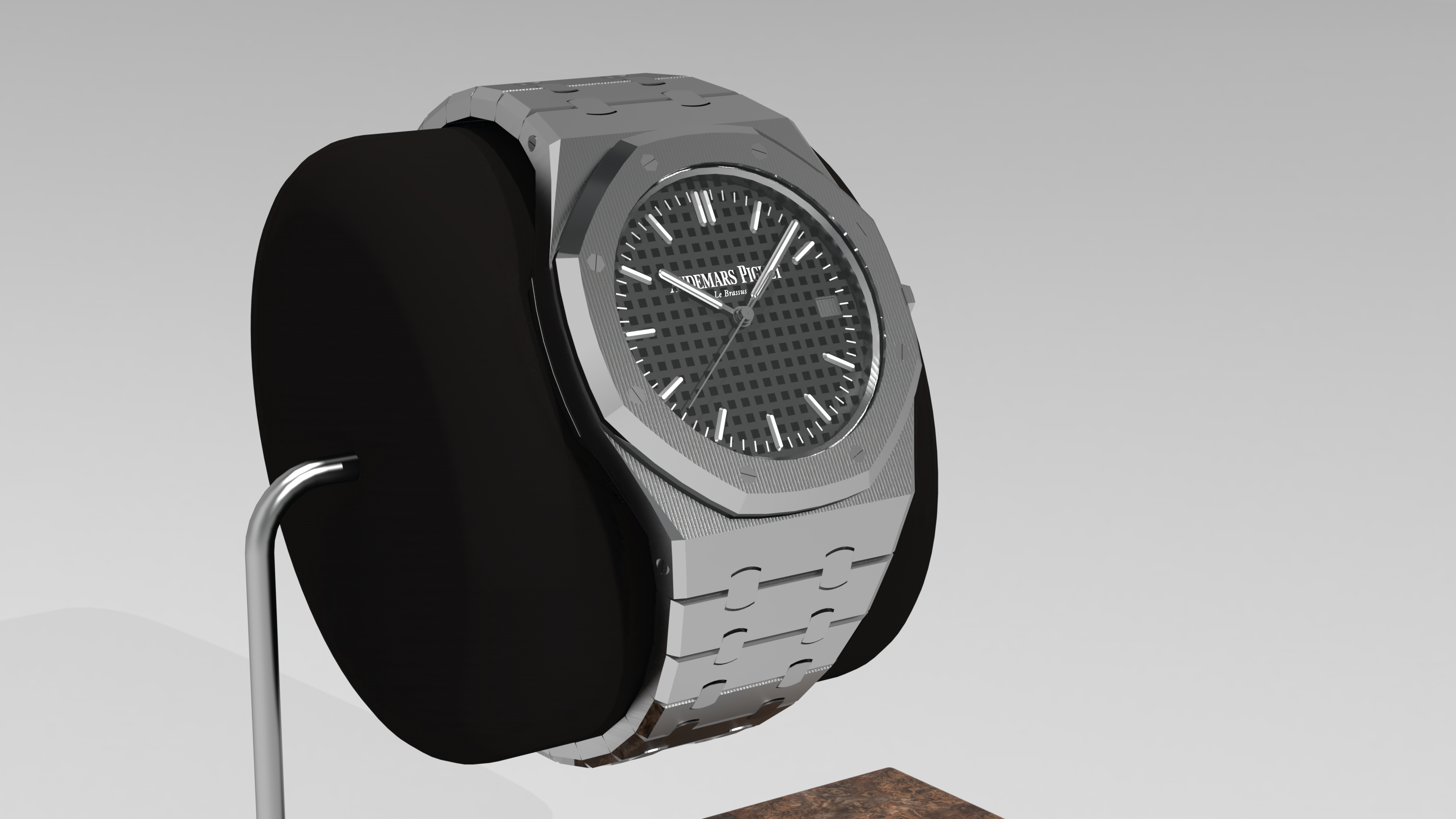 Render of an Audemars Piguet Royal Oak watch on a stand